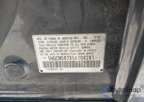2005 Honda Accord 2.4 Ex from USA, damaged, VIN 1HGCM567X5A104291